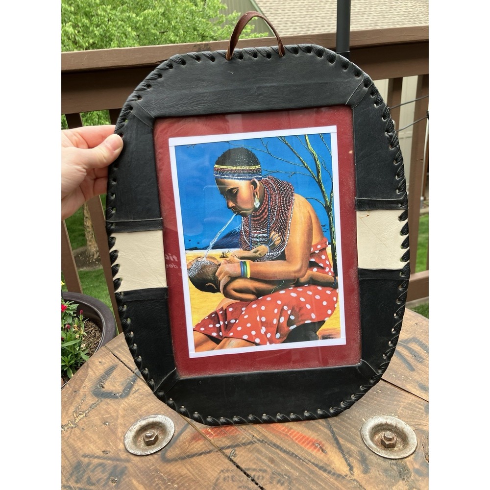 African Maasai Style Mother & Child Print Leather Laced Frame Wall Art Decor